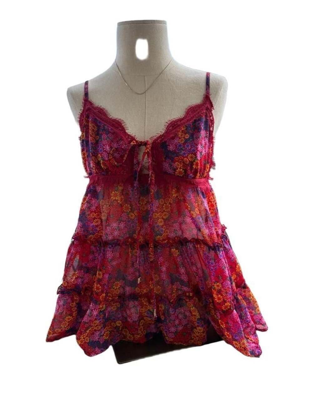 Free People Camisole Size XS Red Floral Tiered Lace Trim